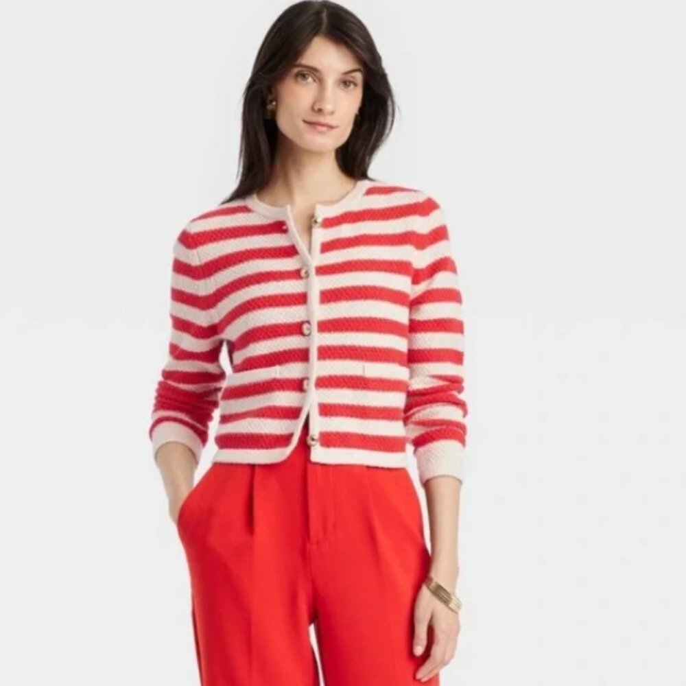 NWOTRed + Off-White Striped Long Sleeve Cardigan Sweater Gold Buttons Heavy Knit